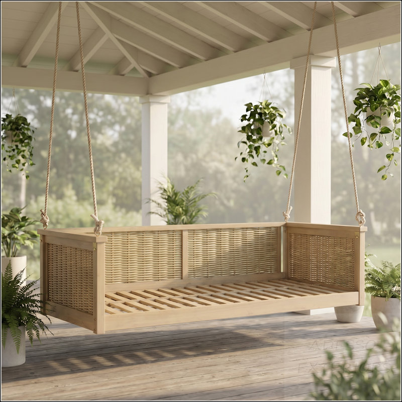 Lit balancelle simple en bois massif classique avec bois d'acacia et rotin tissé à la main - teck clair, Light Teak