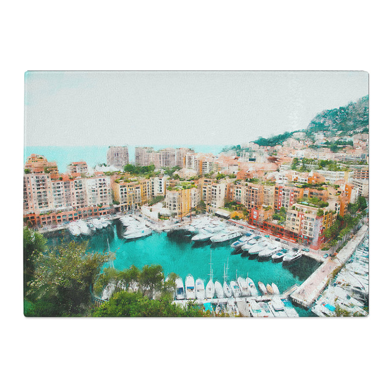 Tempered Glass Yachts in Monte Carlo Monaco Painting Chopping Board, 20 cm x 28.5 cm