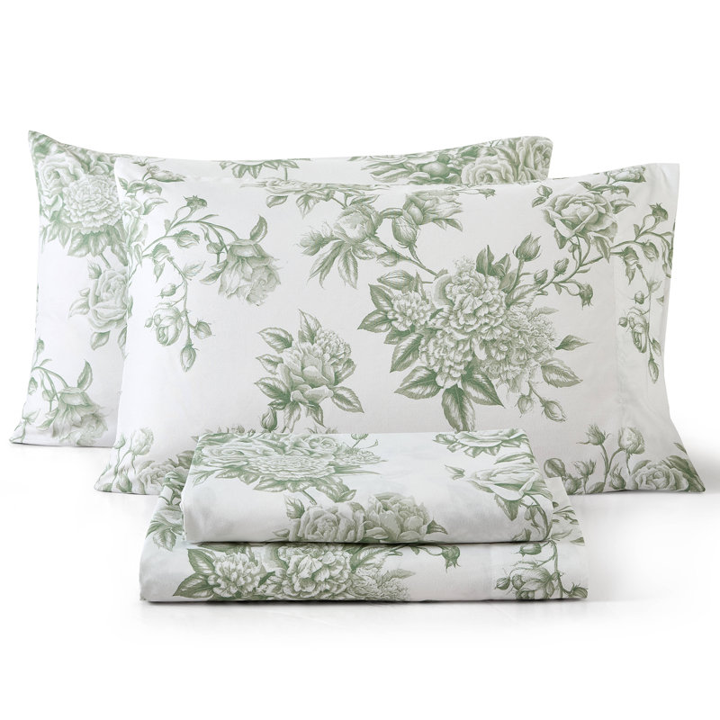 HLC.ME Rose Toile Floral Bed Sheets - Wrinkle Resistant & Ultra Soft - Fits Mattresses up to 15 Inches Deep (Sage Green)