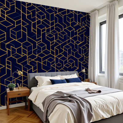 Peel and Stick Wallpaper Geometric Cubes Gold Lines Navy Blue Futuristic Wall Murals 100"H x 144"W Removable PVC Wall Paper Self-Adhesive Wall Decor for Bedroom Living Room Home Office