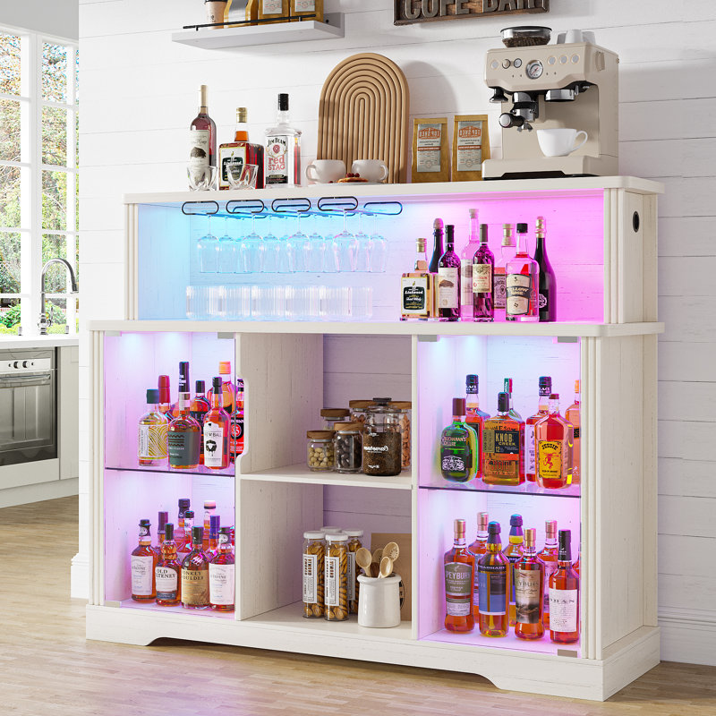 Wine Cabinet with RGB Lighting, Charging Station, 4 Removable Wine Racks (Exclude Refrigerator), White