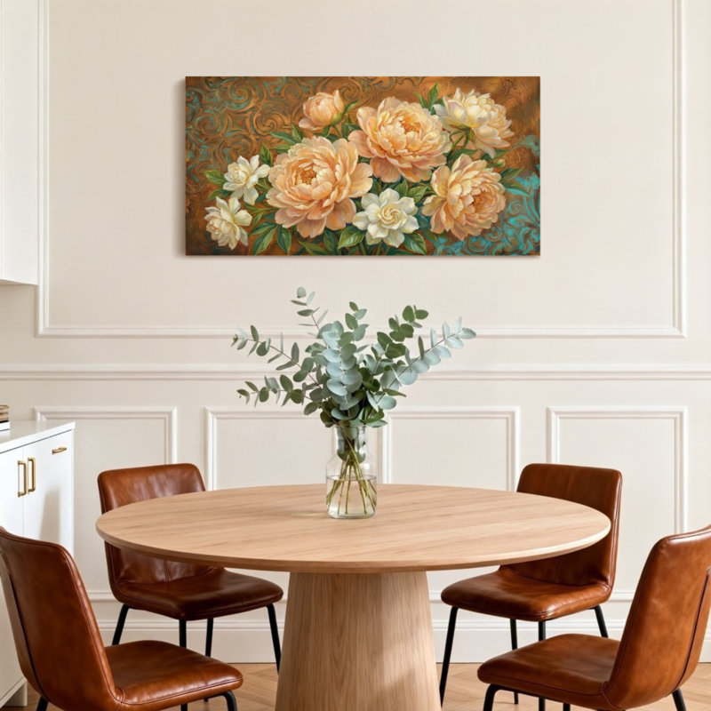 Plantes et fleurs pivoines sur fond fleuri, H 16 po x l 32 po