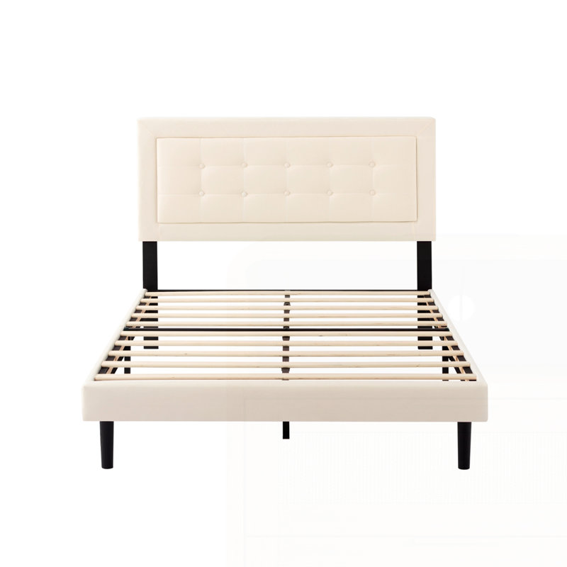 Structure de lit plateforme tapissier avec support en lattes de bois, Beige