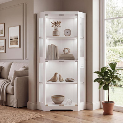 Vitrine, armoires à 4 niveaux avec 3 lumières colorées, bibliothèque d'angle pour objets de collection, armoires de rangement avec capteur de corps humain et ports de charge pour le salon