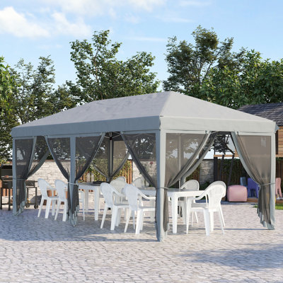 Auvent 10 pi x 20 pi avec parois latérales en filet. Robuste pour l'extérieur, le jardin et les fêtes sur la terrasse. Gris. Espace spacieux, filet stable, célébrations extérieures instantanées sur le patio, grand espace, choix polyvalent,