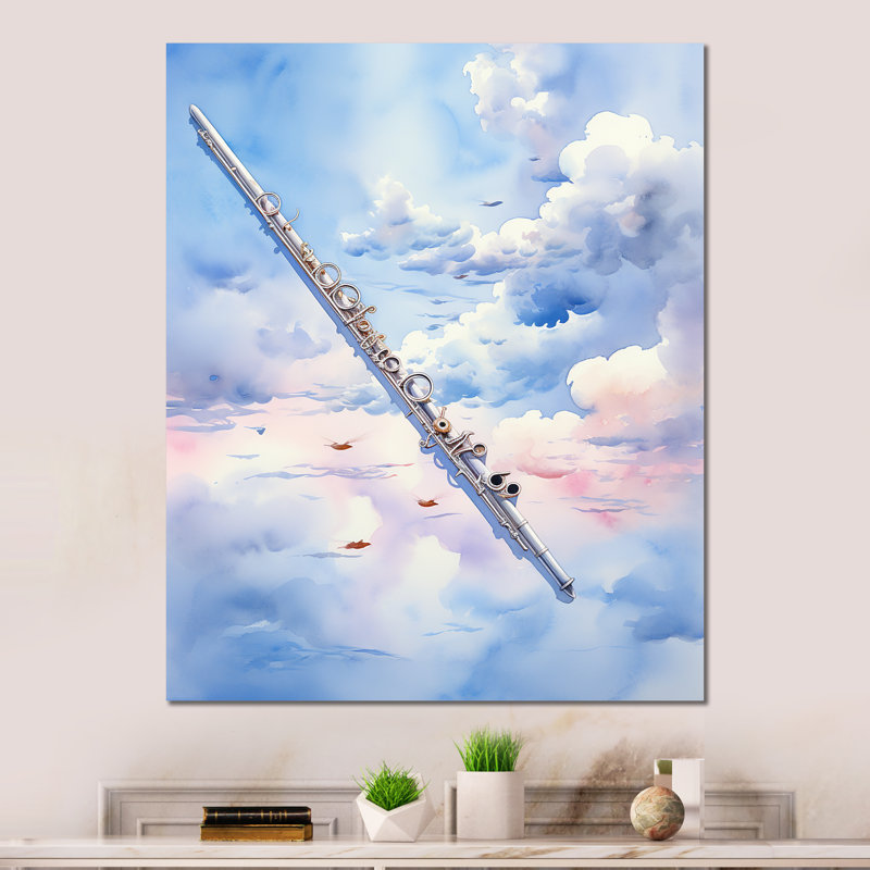 «Music Flute Flight Sky Blue I» sur métal, H 40 po x l 30 po x P 1,5 po