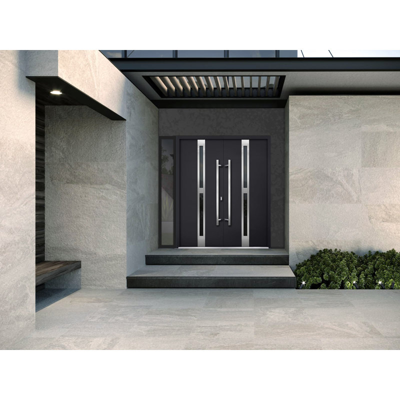 Porte d'entrée extérieure prémontée en métal, modèle Deux 1755, émail noir, vitrage teinté noir, imposte latérale, style moderne, peinte, ouverture vers l'intérieur à gauche, 86 x 80 pouces.