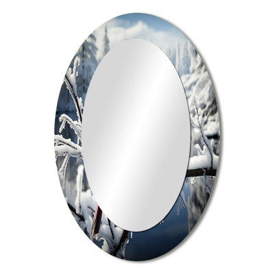 Canada Red Cardinal Bird Winter Wonderland V - Large Oval Wall Mirror On Metal