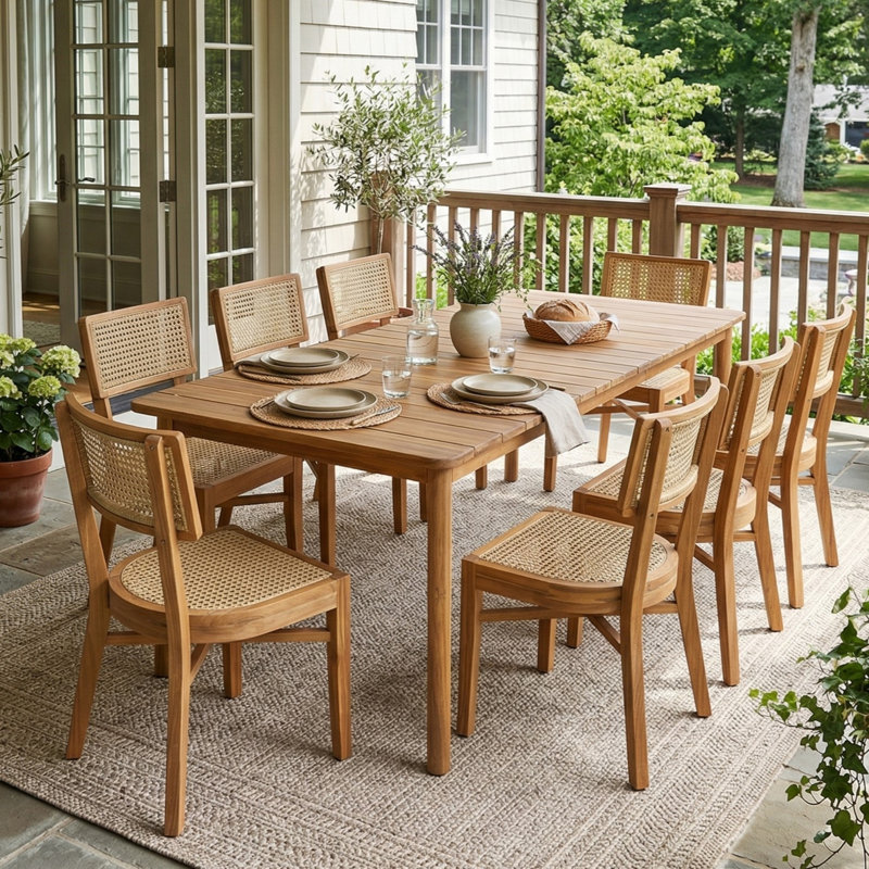 Eastmane 8-Person Modern Coastal Sustainable Acacia Wood Outdoor Dining Set With Pe Wicker Chairs