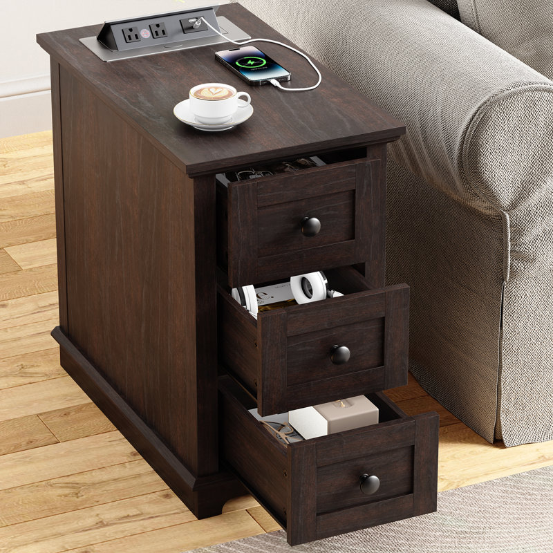 3 Drawers End Tables with Storage and Built-in Outlets for Living Room, Dark Walnut, Dark Walnut