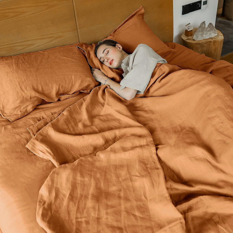 Ensemble de housse de couette en lin français - 5 pièces (1 housse d'édredon, 4 taies d'oreiller) - Mélange de coton lin naturel - Literie de ferme de couleur unie respirante