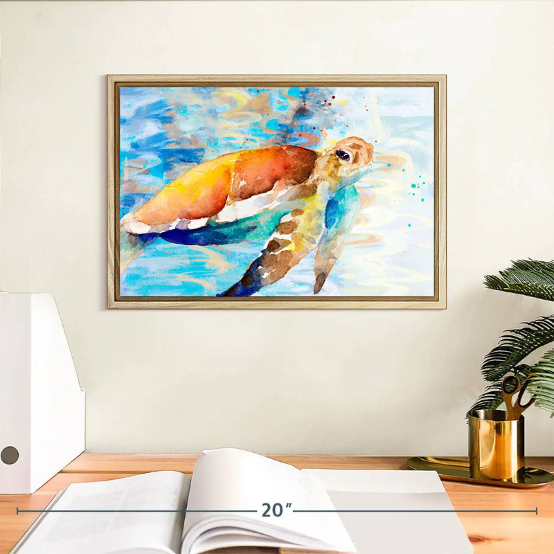 Turtle Passing Through, 13" X 9", Floating Frame Natural Wood