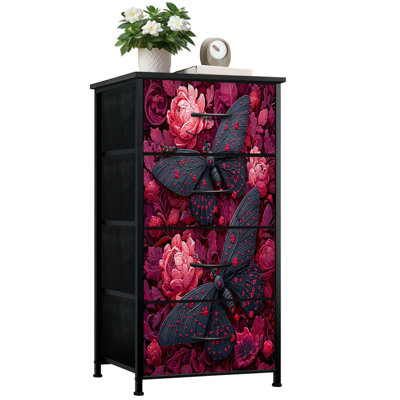 Commode pour la chambre à coucher avec 4 tiroirs de rangement Papillons foncés Motifs floraux rouges Commode à pivoines rose foncé Commode en tissu avec cadre en acier pour vestibule
