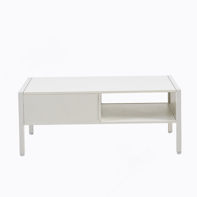 Rattan Coffee Table, Sliding Door For Storage, Metal Legs For Living Room, White, White