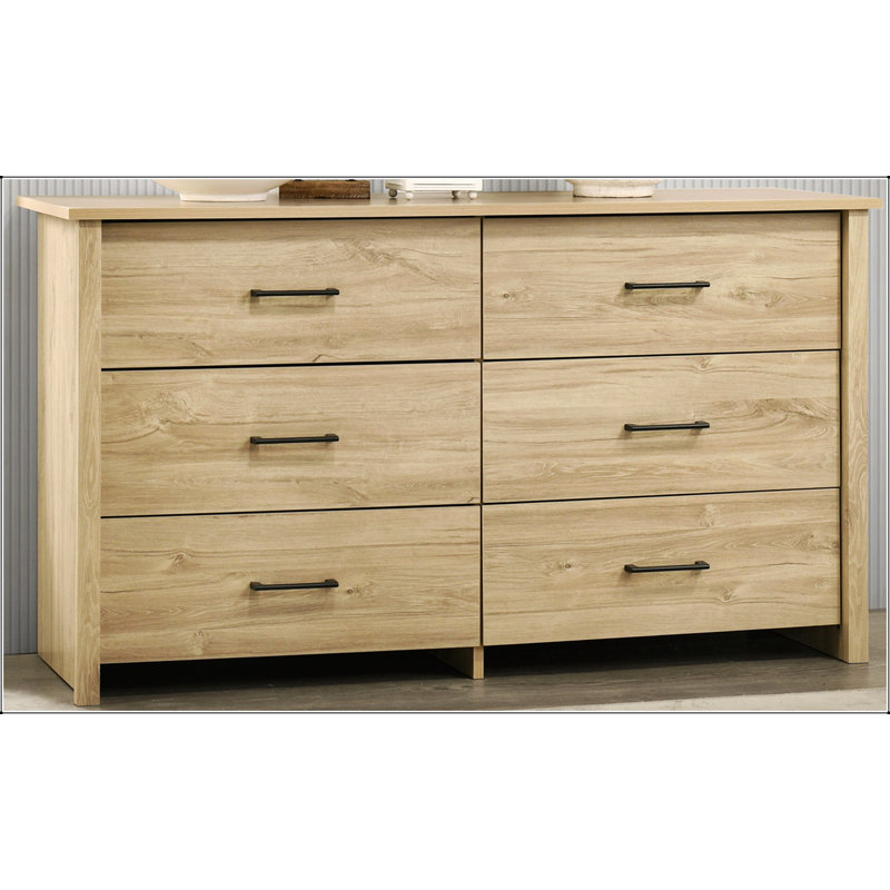 Commode à 6 tiroirs en chêne clair avec poignées noires durables Celeste, Chêne clair / Noir