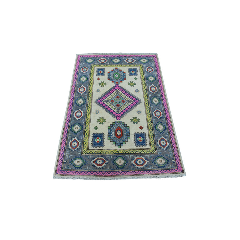 Tapis ivoire en laine noué à la main de conception unique 3 pi 1 po x 4 pi 9 po Harpenden