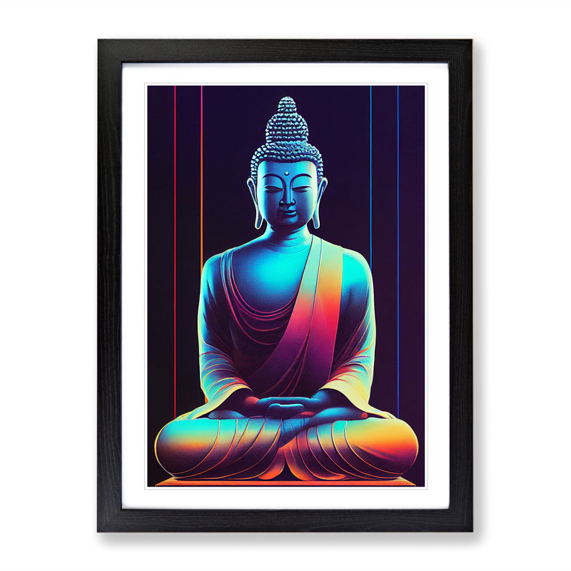 Buddha In Neon - Print, 66cm H x 48cm W x 2cm D, Black Framed, White