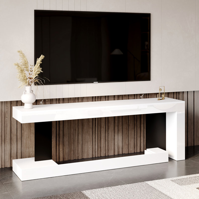 66.9' W White TV Stand With High Gloss Finish And Open Base