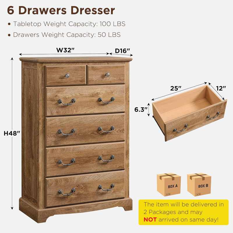 Krijna 32" W  Vintage 6 Drawers Dresser Chests, Wood Rustic Tall Chest of Drawers, Light Knotty Oak