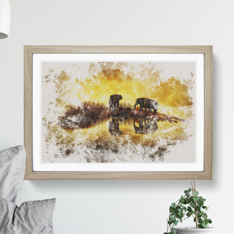 Elephants at Sunset Watercolour - Picture Frame Graphic Art, 27cm H x 36cm W x 2cm D, Oak