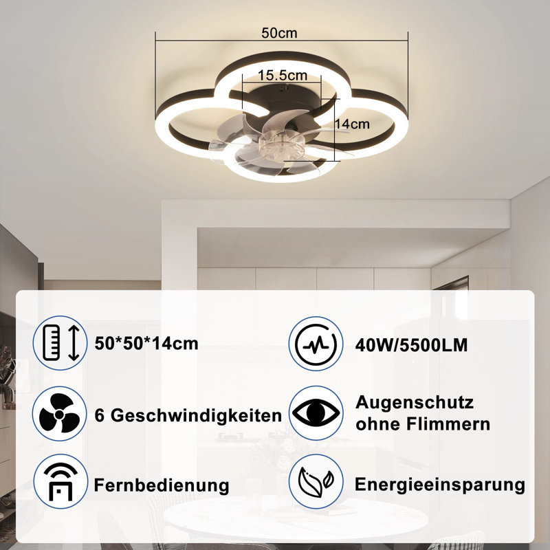 LED Ceiling Fan With Lighting - 40W Quiet Ceiling Lamp Fan with Remote Control Dimmable Modern Ceiling Light 6-Speed ??Timer Bedroom Ceiling Fans for Kitchen Dining Room