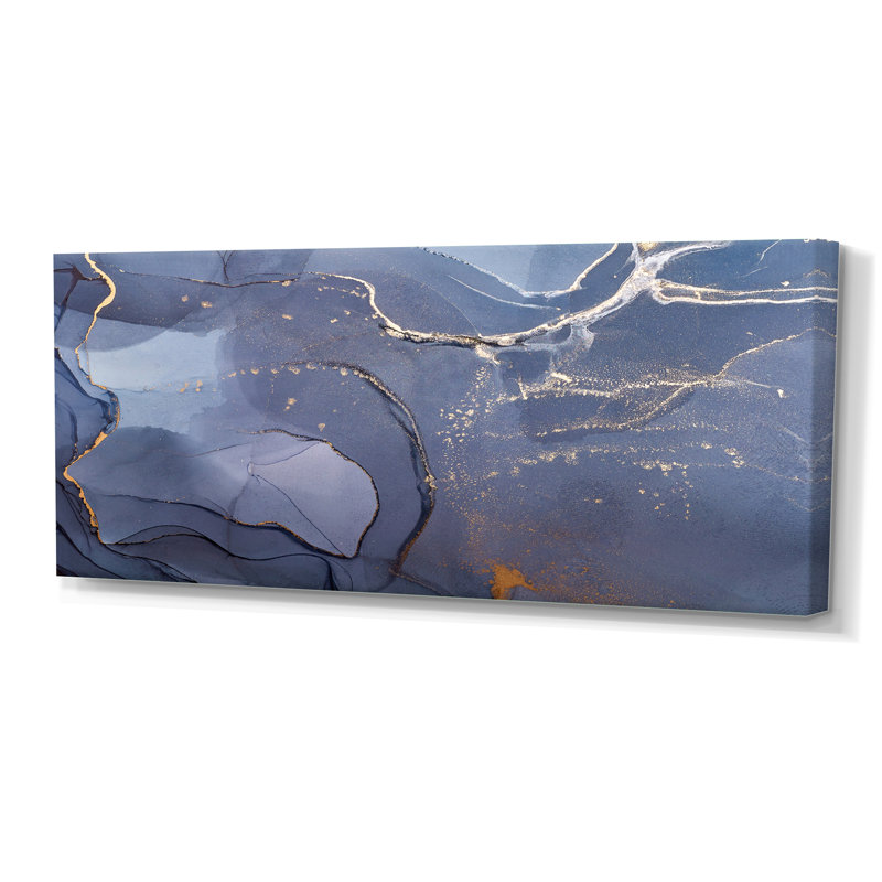Encre liquide grise et bleue, art I - peinture sur toile, H 28 po x l 60 po, Toile tendue