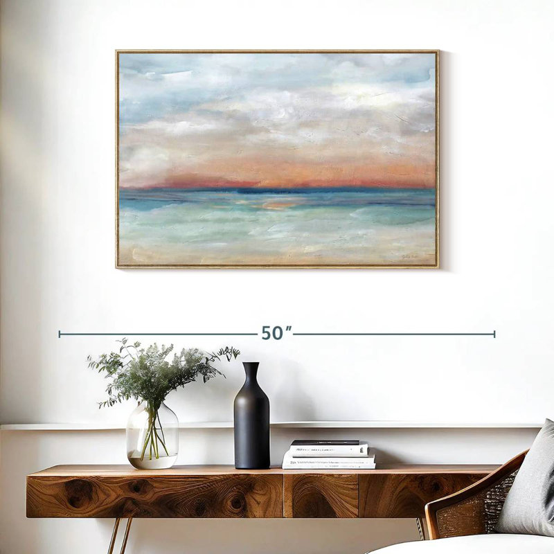 Scène sereine, paysage lumineux, Cadre flottant en bois naturel, 37 po x 25 po