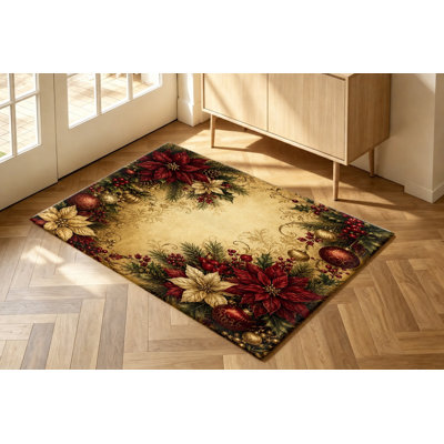 Vintage Christmas Poinsettia Machine Washable Area Rug with Non‑Slip Backing, Festive Floral Design Pattern Floor Carpet, Cozy Indoor Home Decor for Living Room, Bedroom, Hallway, Kitchen, Balcony, Apartment