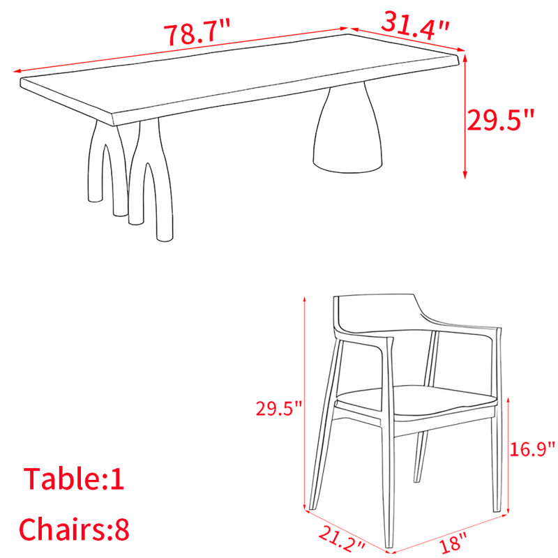 Ensemble de table de salle à manger en bois massif de style américain., H 29,5 po x L 78,7 po x l 31,4 po