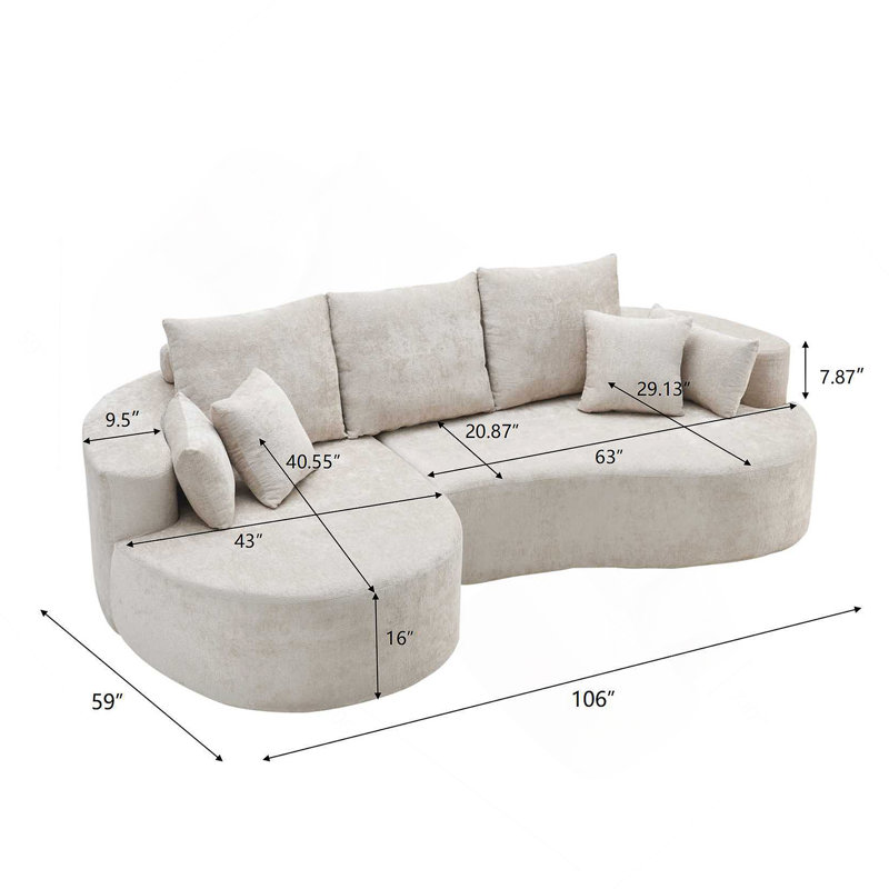 Canapé modulaire courbé en tissu deux pièces avec méridienne, pour salon, chambre à coucher et appartement, offrant une expérience d'assise luxueuse