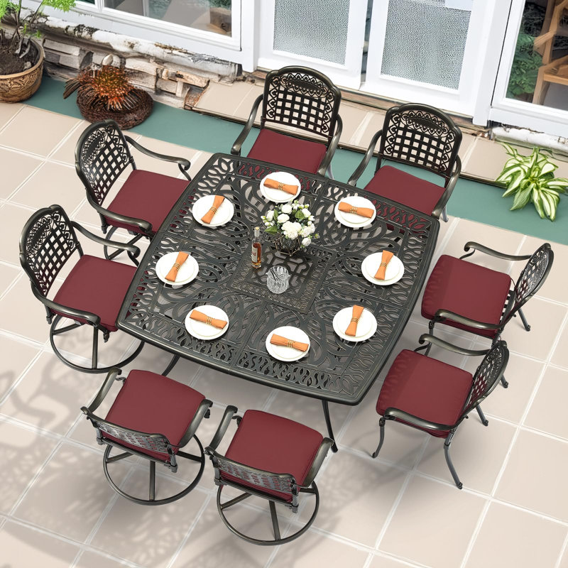 9-Piece Outdoor Patio Dining Set For 8, All Weather Cast Aluminum Patio Funiture Table And Chairs Set- Large 64" Square Table And 4 Swivel Rocker Chairs, 4 Stationary Chairs For Garden