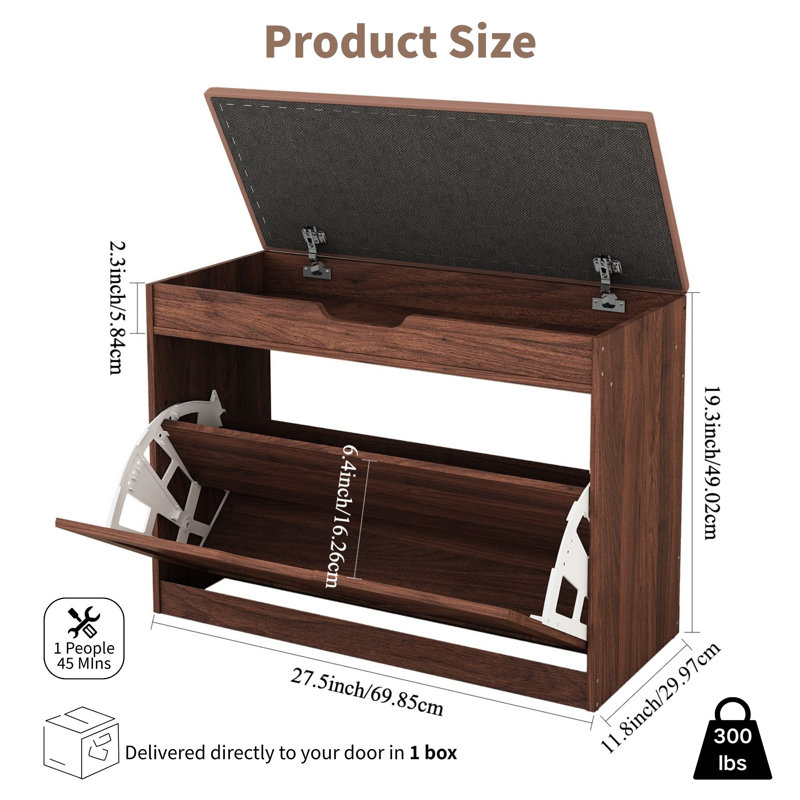  27.5"W Shoe Storage Bench with Cushion, Flip-Top Storage, Entryway Brown Shoe Rack, Brown