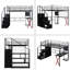 Lit mezzanine double en métal avec poste de travail intégré, garde-robe, escalier de rangement et DEL