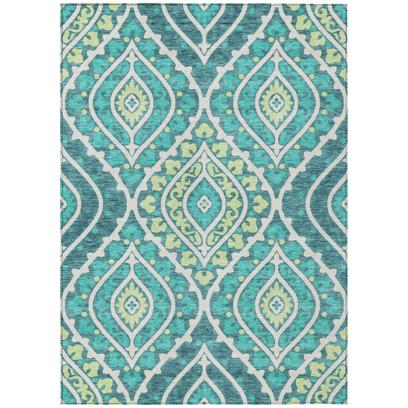 Tapis extérieur lavable floral bleu sarcelle ivoire et artichaut 9 pi x 12 pi