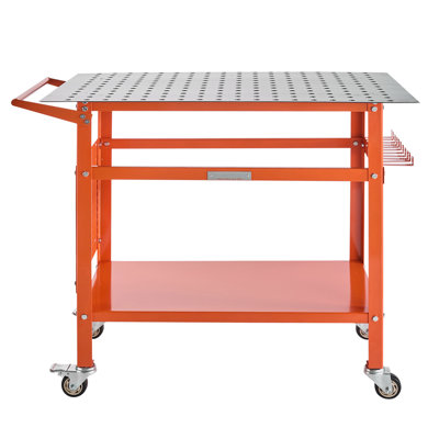 Table de soudage 40 po x 24 po, charge statique de 800 lb, construction en acier au carbone dynamique de 600 lb, trous d'installation de 216 5/8 po, rangement à double couche, suspension latérale pour outils, 11 crochets, 4 roues à 2 freins, orange pour plus de précision
