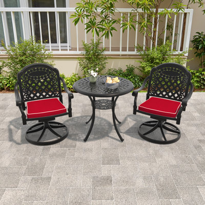 Black Cast Aluminum Modern Patio Set with Cushioned Swivel Chairs & Round Table for Balcony or Garden