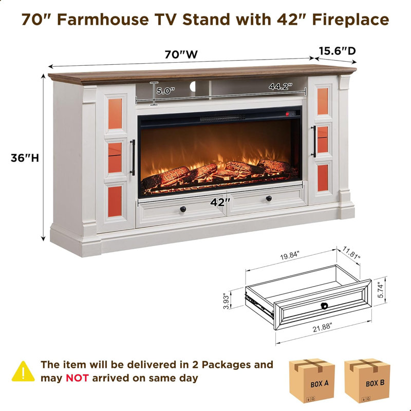 Farmhouse Tv Stand With Electric Fireplace, White/Brown