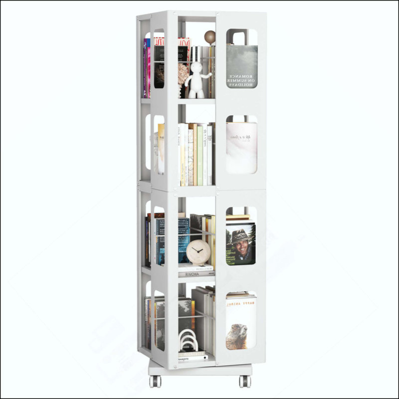 Bibliothèque rotative en acier à 4 niveaux avec roulettes à 360 °, bibliothèque de grande taille, robuste et spacieuse, bibliothèque de style nouveau, assemblage facile