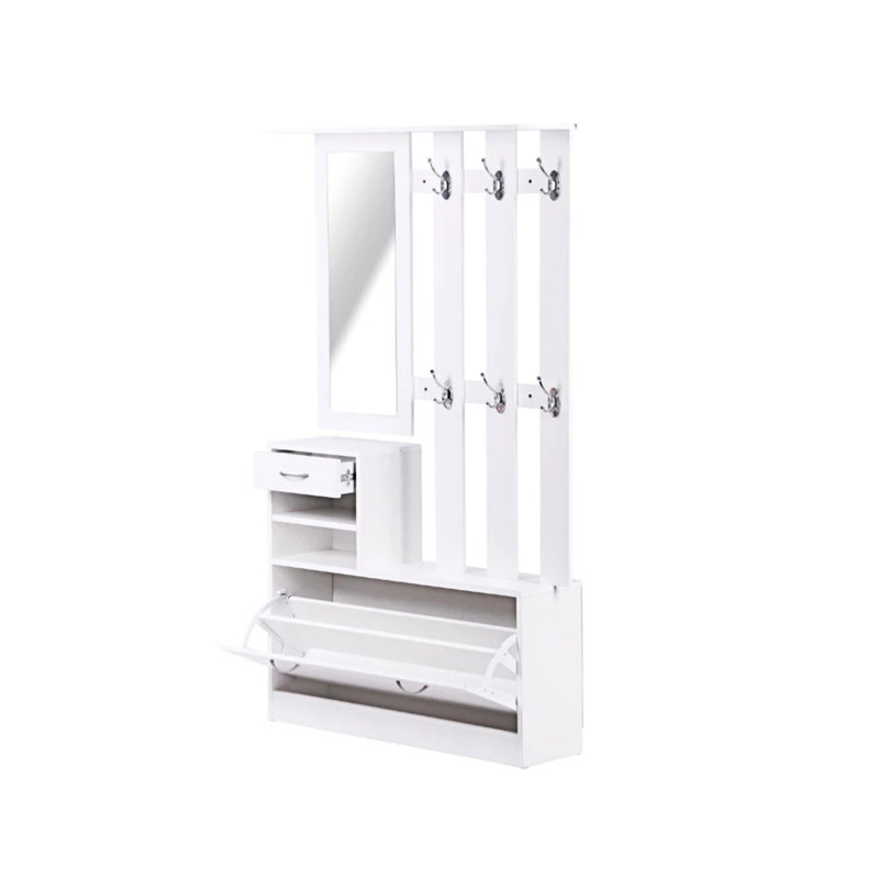 Armoire à combinaison avec armoire à chaussures + étagère suspendue + miroir, Blanc mat