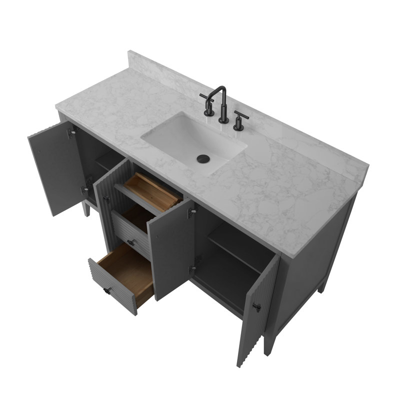 Ensemble de meuble-lavabo autoportant avec lavabo en marbre 60 po Lavallon, Gris cachemire linéaire, Noir mat
