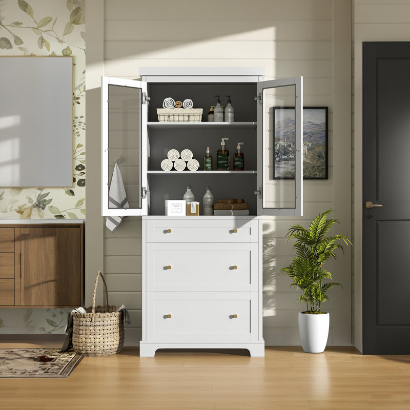 Armoire de salle de bain haute autoportante moderne de 70,1 po de hauteur avec 2 tablettes réglables, 3 tiroirs, portes en verre à fermeture en douceur - idéale pour la salle de bain, le salon et la cuisine