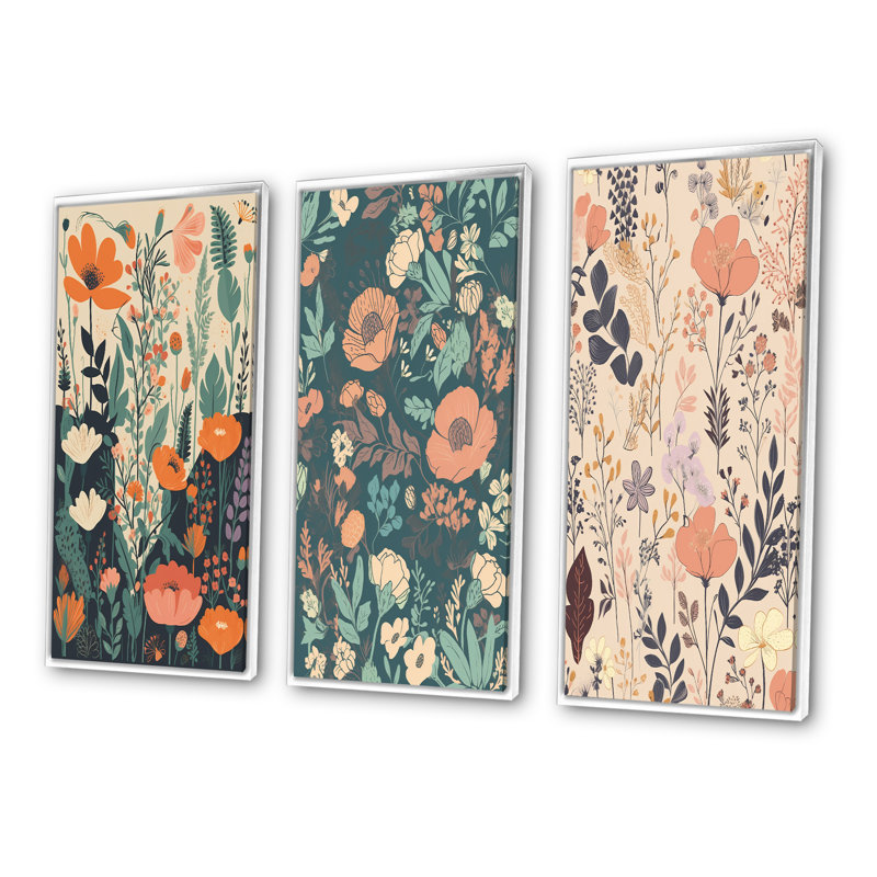 «Fleurs sauvages rétro en pastel rétro II», 3 pièces, Cadre flottant blanc, H 28 po x l 36 po