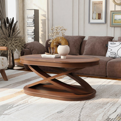 Table basse ovale en bois avec base en forme de X, table basse avec rangement ouvert, table de centre de canapé