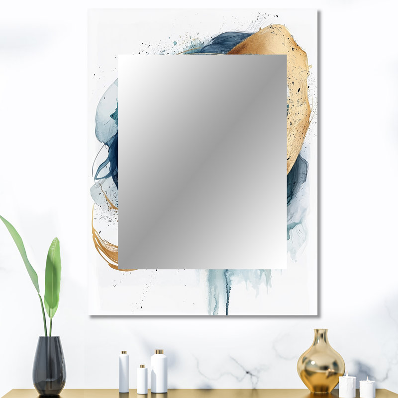 Abstrait doré et bleu vie sous-marine II - miroir de formes abstraites, miroir mural moderne unique, impression d'art en métal