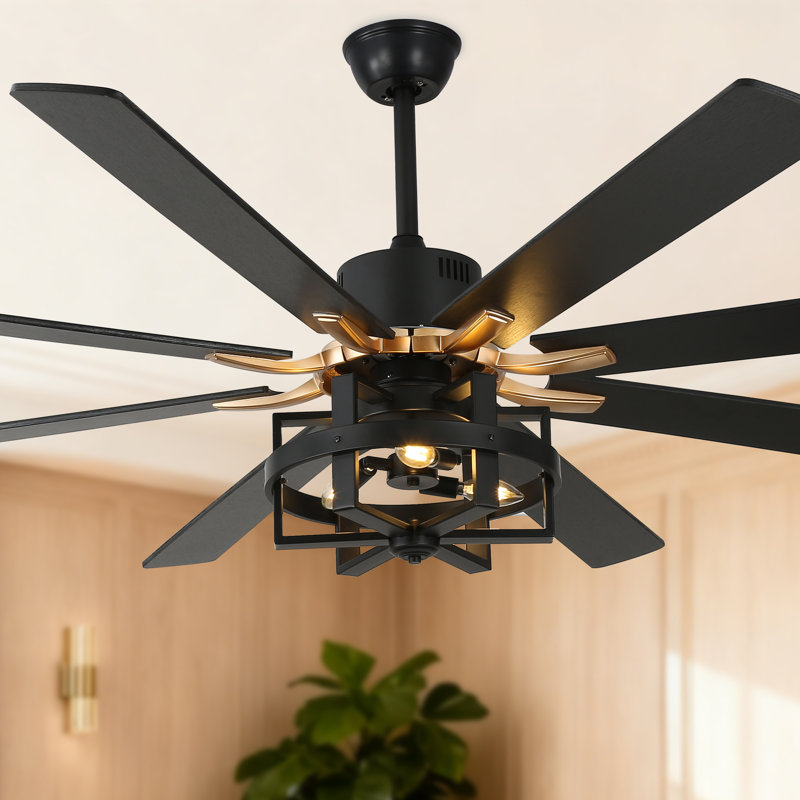  65" Industrial Black Gold Large Ceiling Fan with Light and Remote, 8-Blade 6 Speed Reverisble Blades DC Motor for Living Room