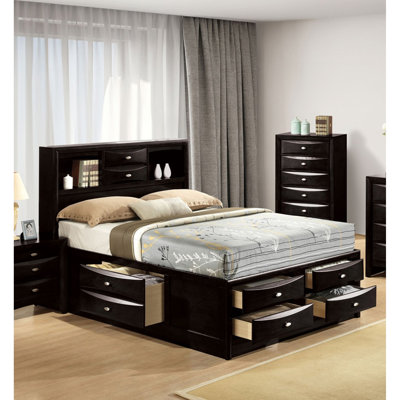 Lit de style contemporain très grand avec pieds et tiroirs avec tête de lit et bibliothèque de couleur noire