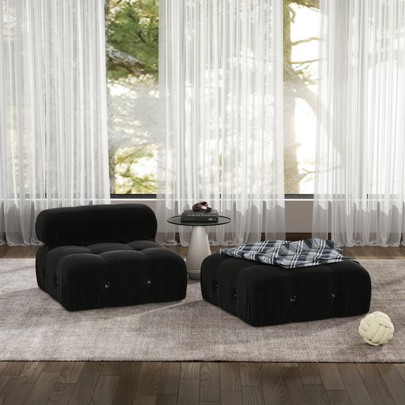 Cylar 2-Piece Upholstered Modern Velvet Armless Modular Sofa With Ottoman, Black
