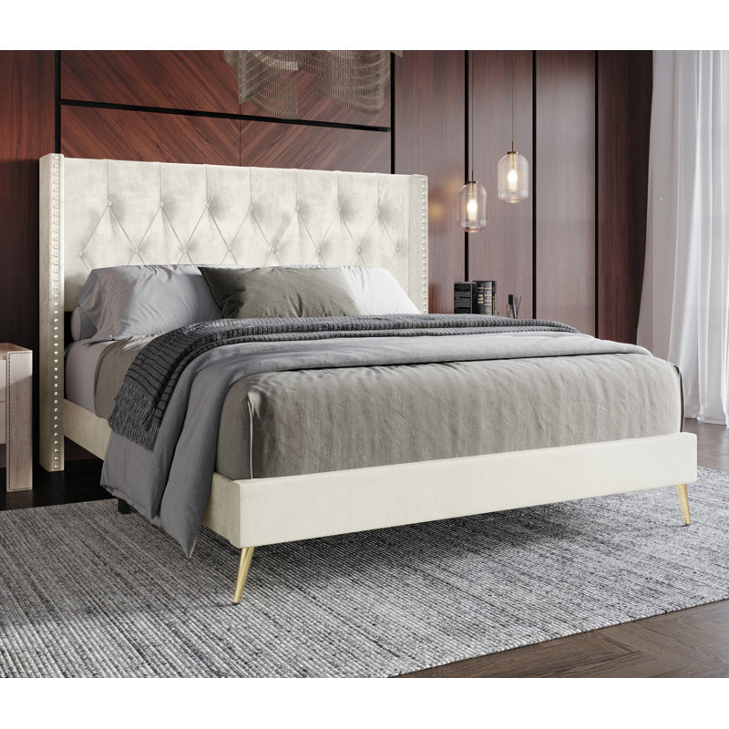Petersfield Upholstered Wingback Bed, Beige, Queen