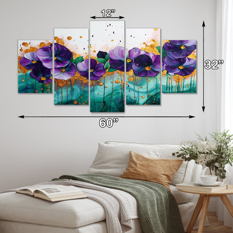 Lavande pensées sur encre émeraude II - pensées murales pensées - Art mural traditionnel diamant