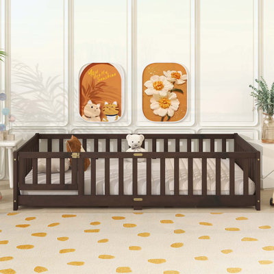 Wood Floor Bed with Safety Fence and Door,Ideal for Compact Rooms and Child's Independence